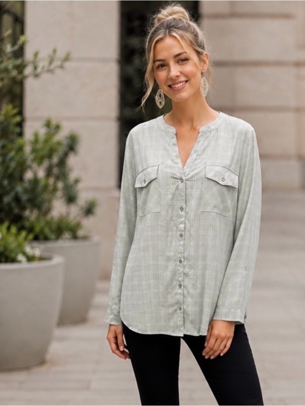 Notations XL Sage Gray Plaid Button Front Pocket Blouse